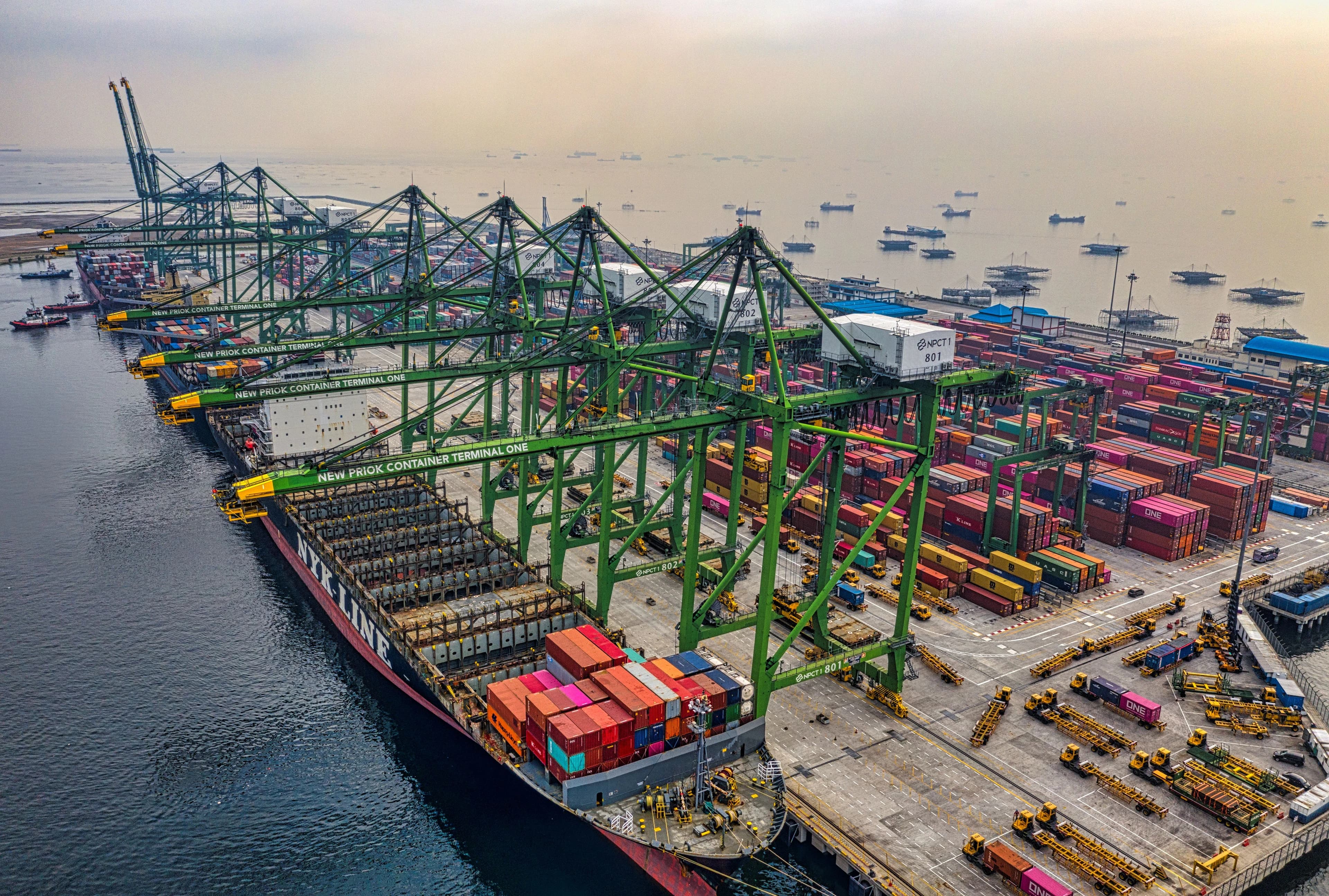 Container terminal with cranes and cargo vessels, seen from above